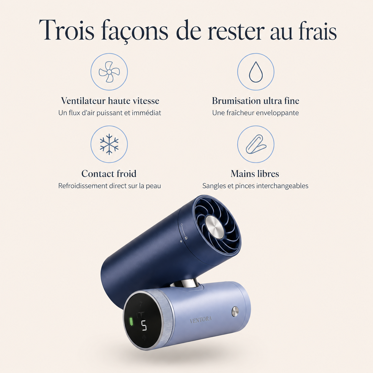 Ventora Pulse — Ventilateur 3-en-1 Rafraîchissant, Brumisateur & Contact Froid