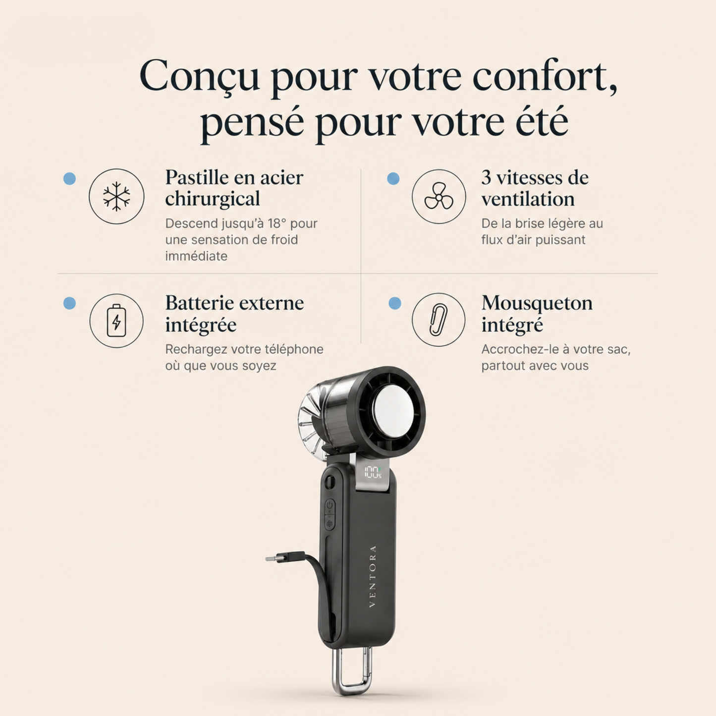 Ventora Flow — Ventilateur rafraîchissant portable & Batterie externe