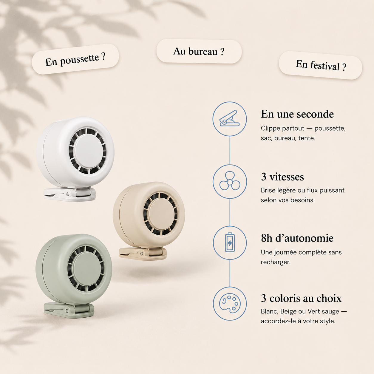Ventora Mini — Ventilateur clip portable & Rafraîchissant