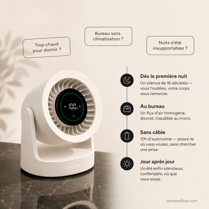 Ventora Calm — Ventilateur de bureau silencieux & Rechargeable