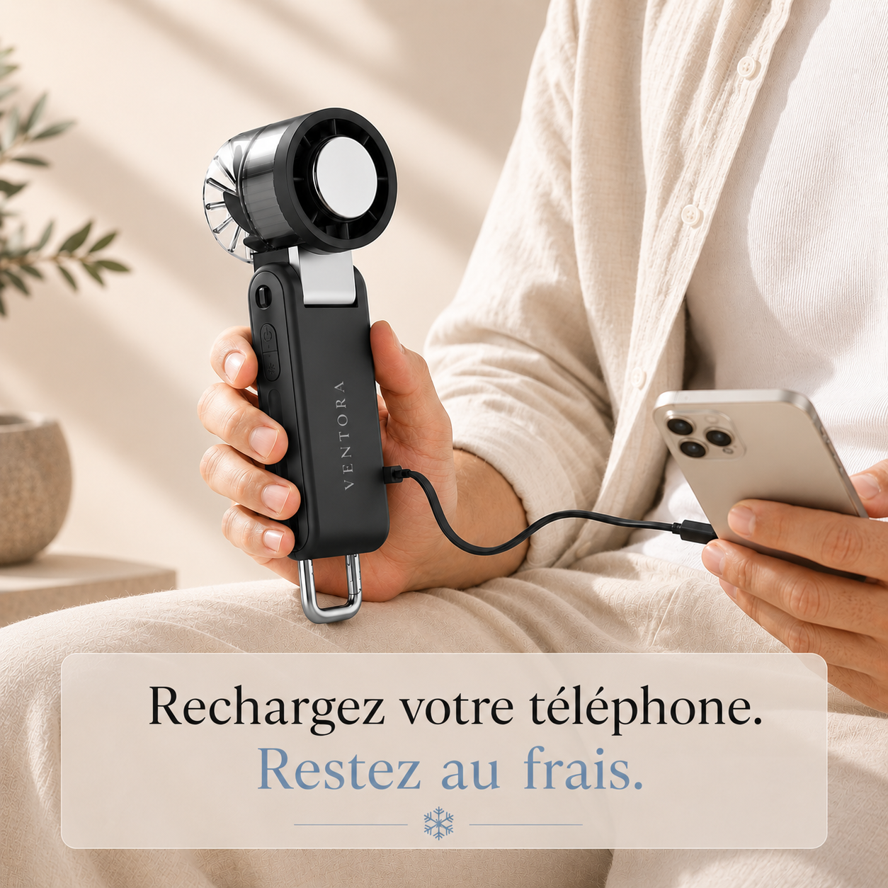 Ventora Flow — Ventilateur rafraîchissant portable & Batterie externe