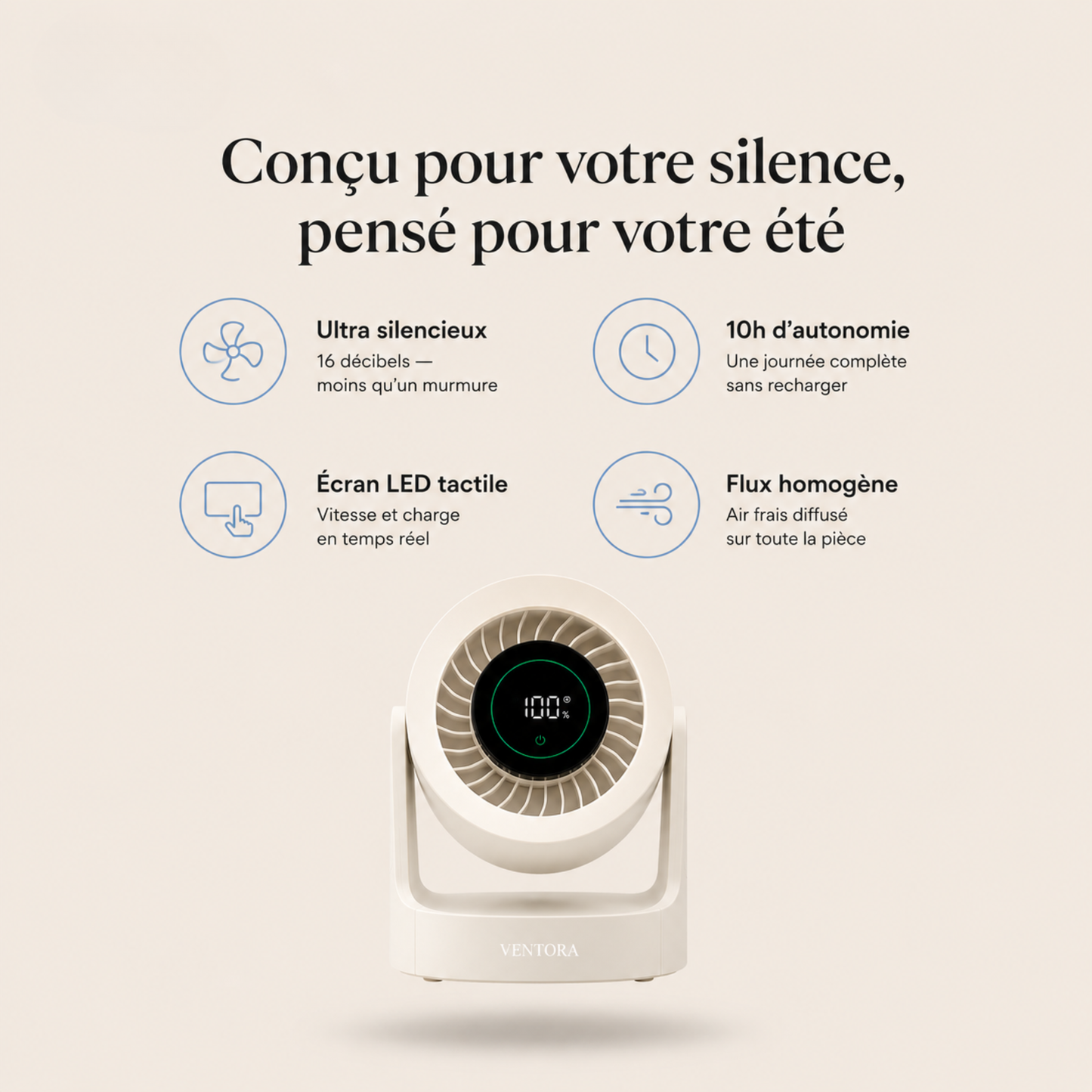 Ventora Calm — Ventilateur de bureau silencieux & Rechargeable