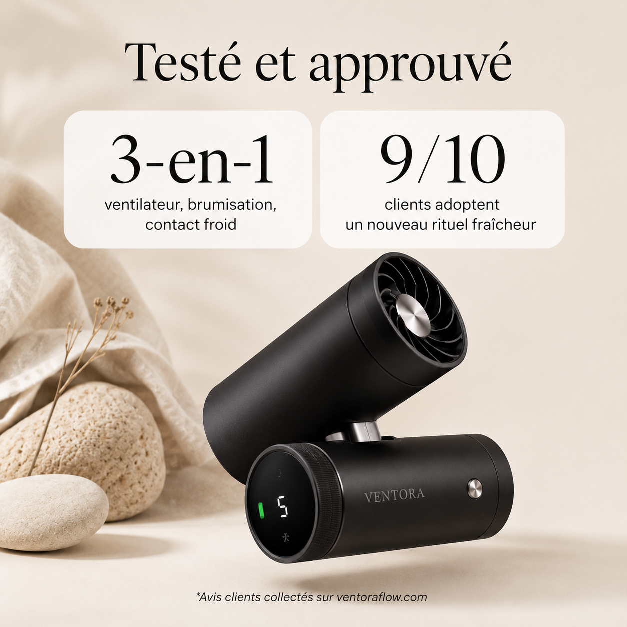 Ventora Pulse — Ventilateur 3-en-1 Rafraîchissant, Brumisateur & Contact Froid