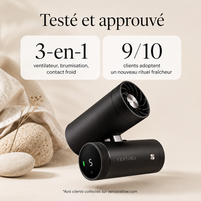 Ventora Pulse — Ventilateur 3-en-1 Rafraîchissant, Brumisateur & Contact Froid