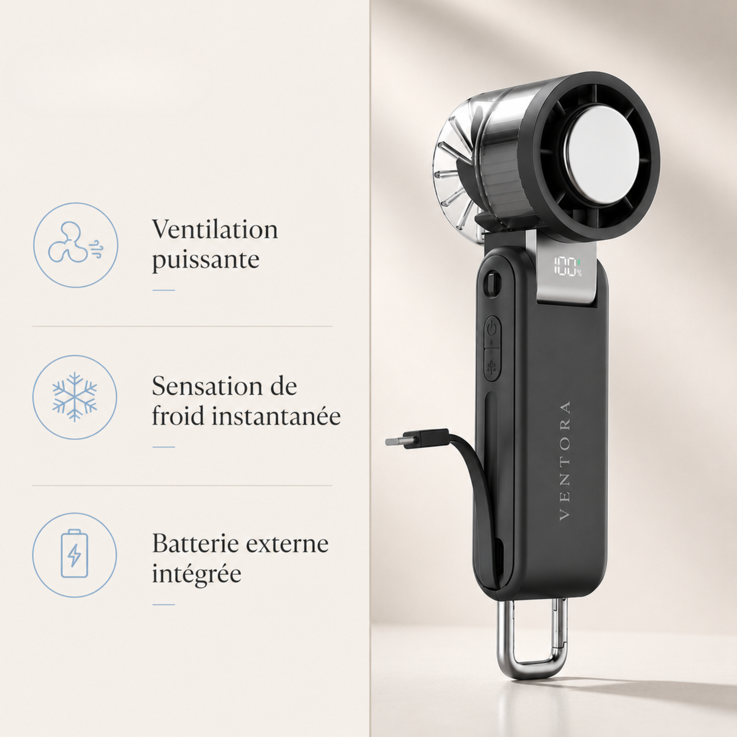 Ventora Flow — Ventilateur rafraîchissant portable & Batterie externe